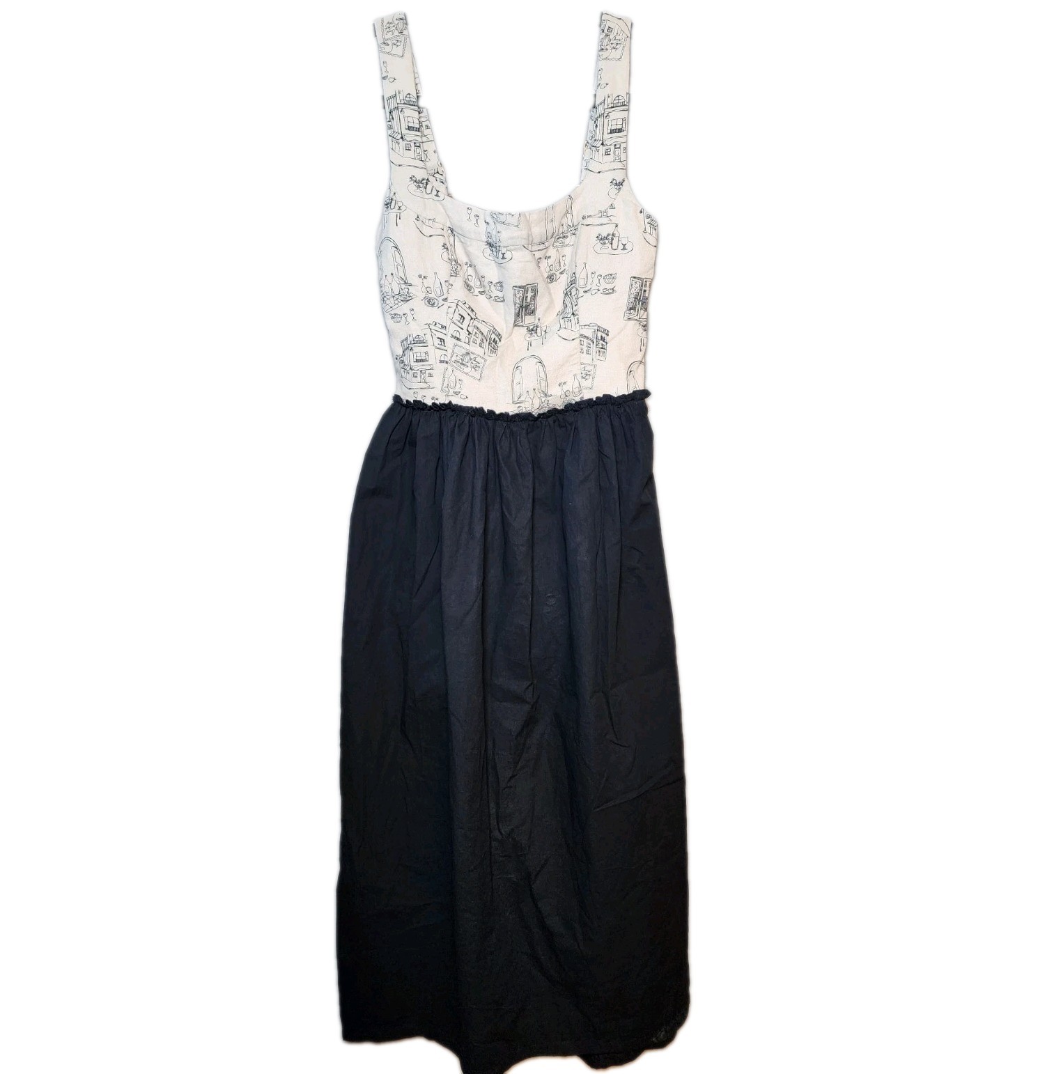 Abercrombie & Fitch Sm Ivory/Black Toile Square Neck Strappy Smocked Midi Dress