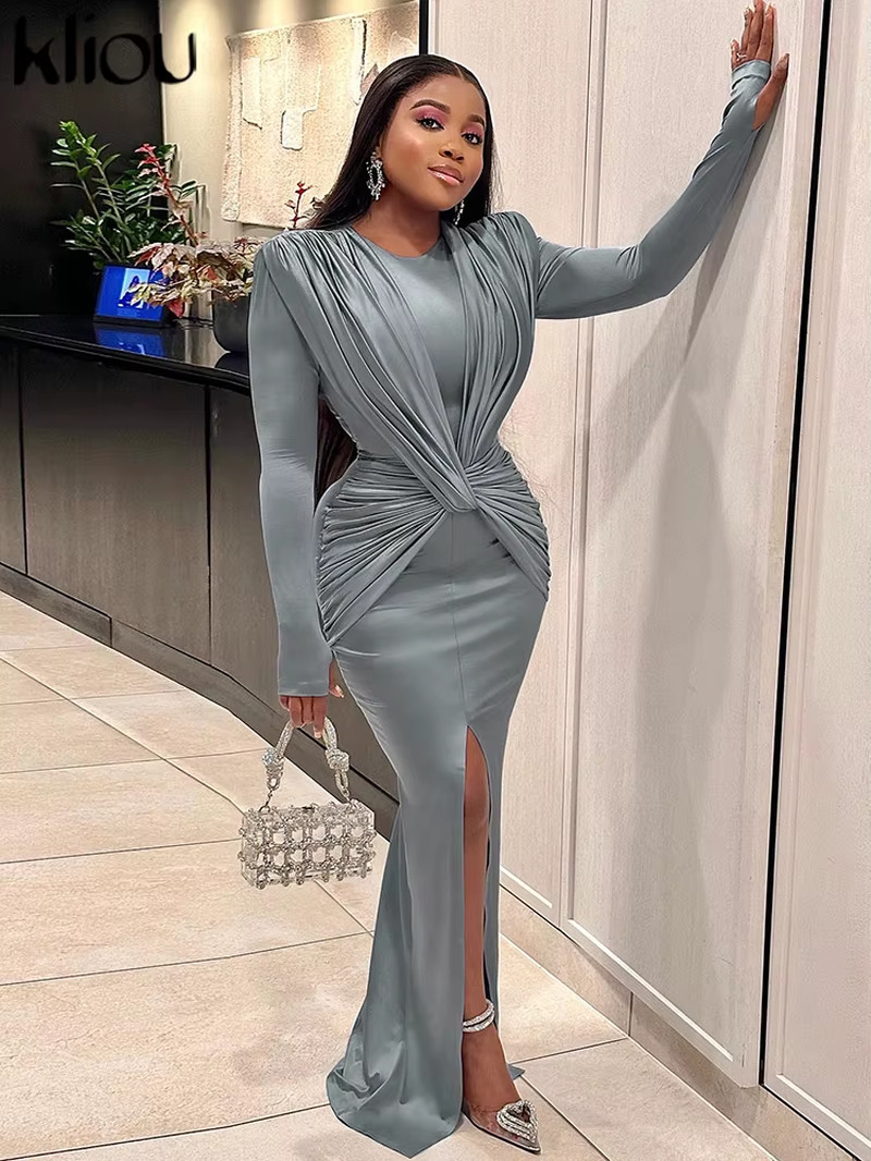 S M L Classic Cross Ruched Long Sleeve Split Maxi Dress Elegant Prom Party Wear