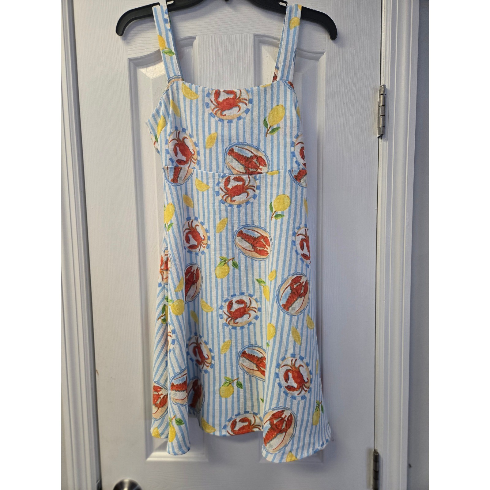 Blue White Stripe Lobster Crab Lemon Tie Back Sundress Coastal Resortwear Small