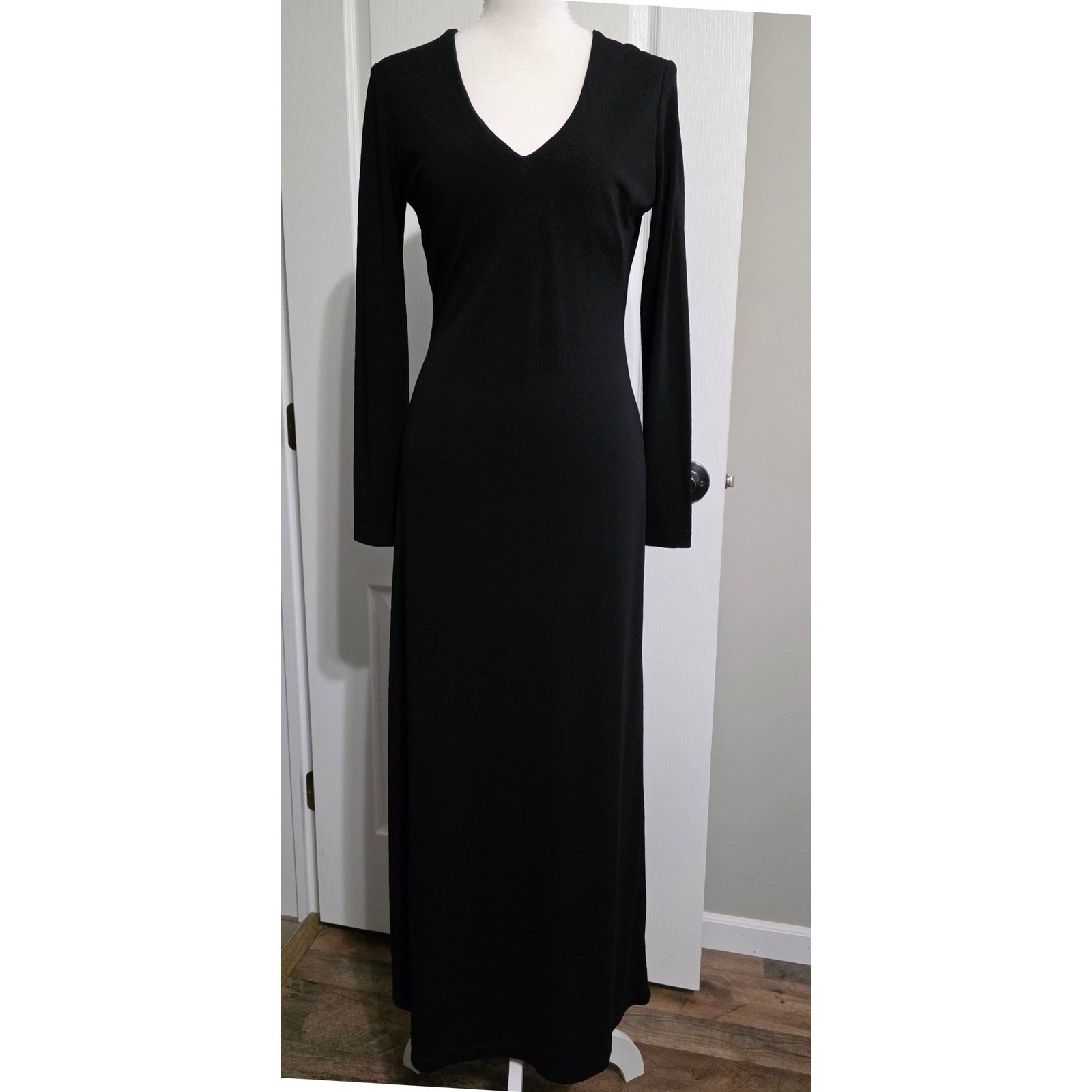 Moda Black V-Neck Long Sleeve Maxi Dress Women S Sheath Vintage LBD Elegant