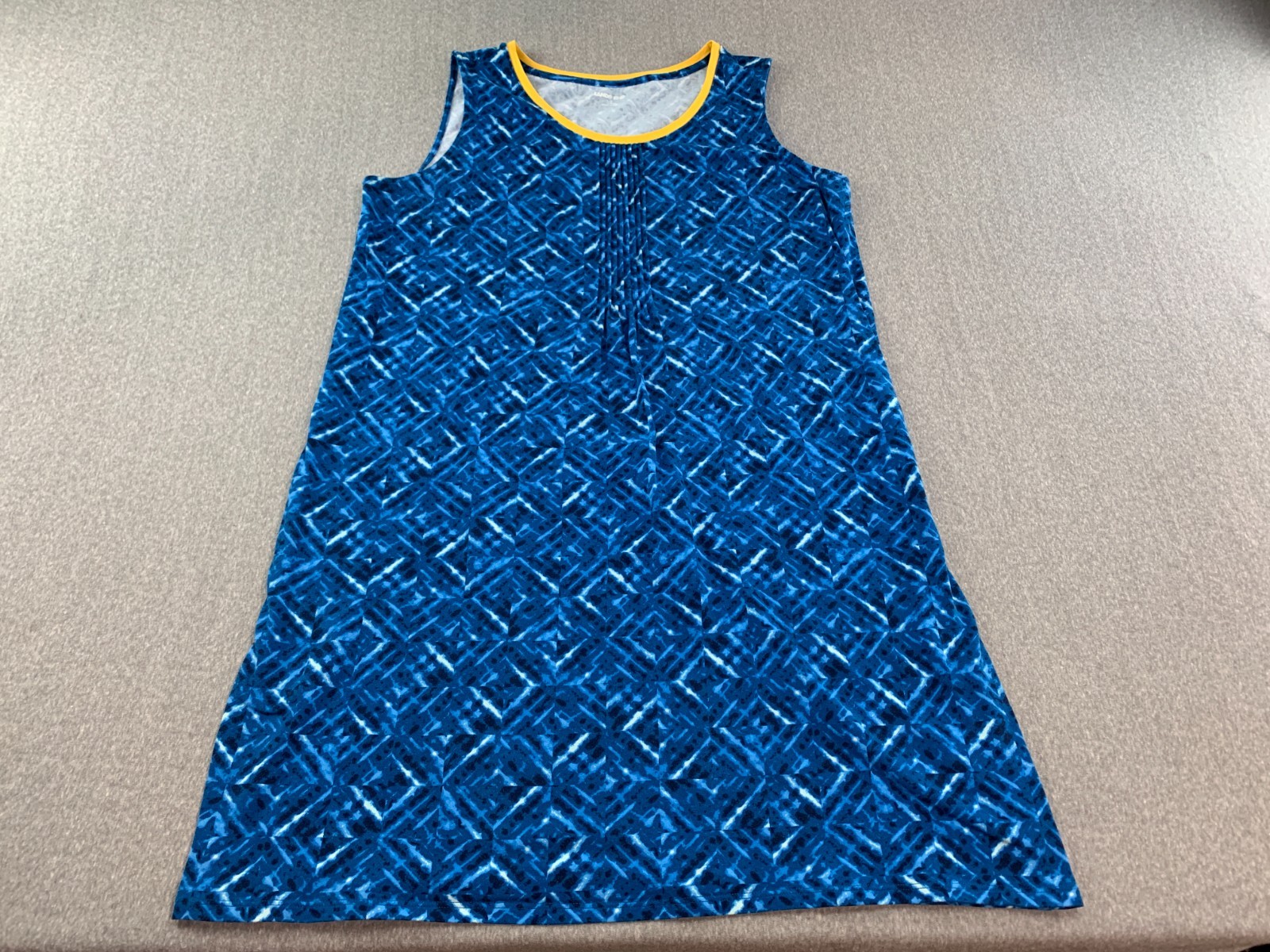 LANDS END Shift Tank Knit Sleeveless Dress Womens L Blue Geometric Print Soft