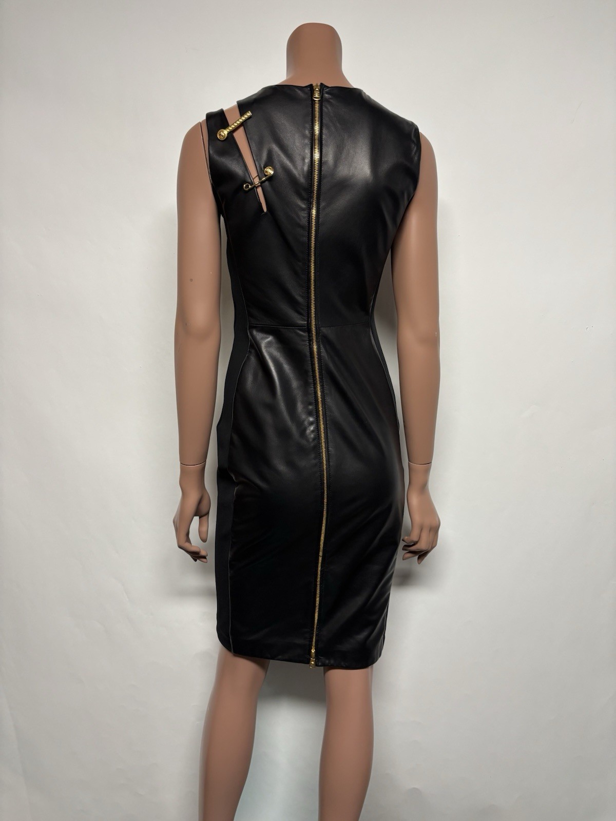 Versace 2019 Black Leather Gold Medusa Brooch Dress IT 38
