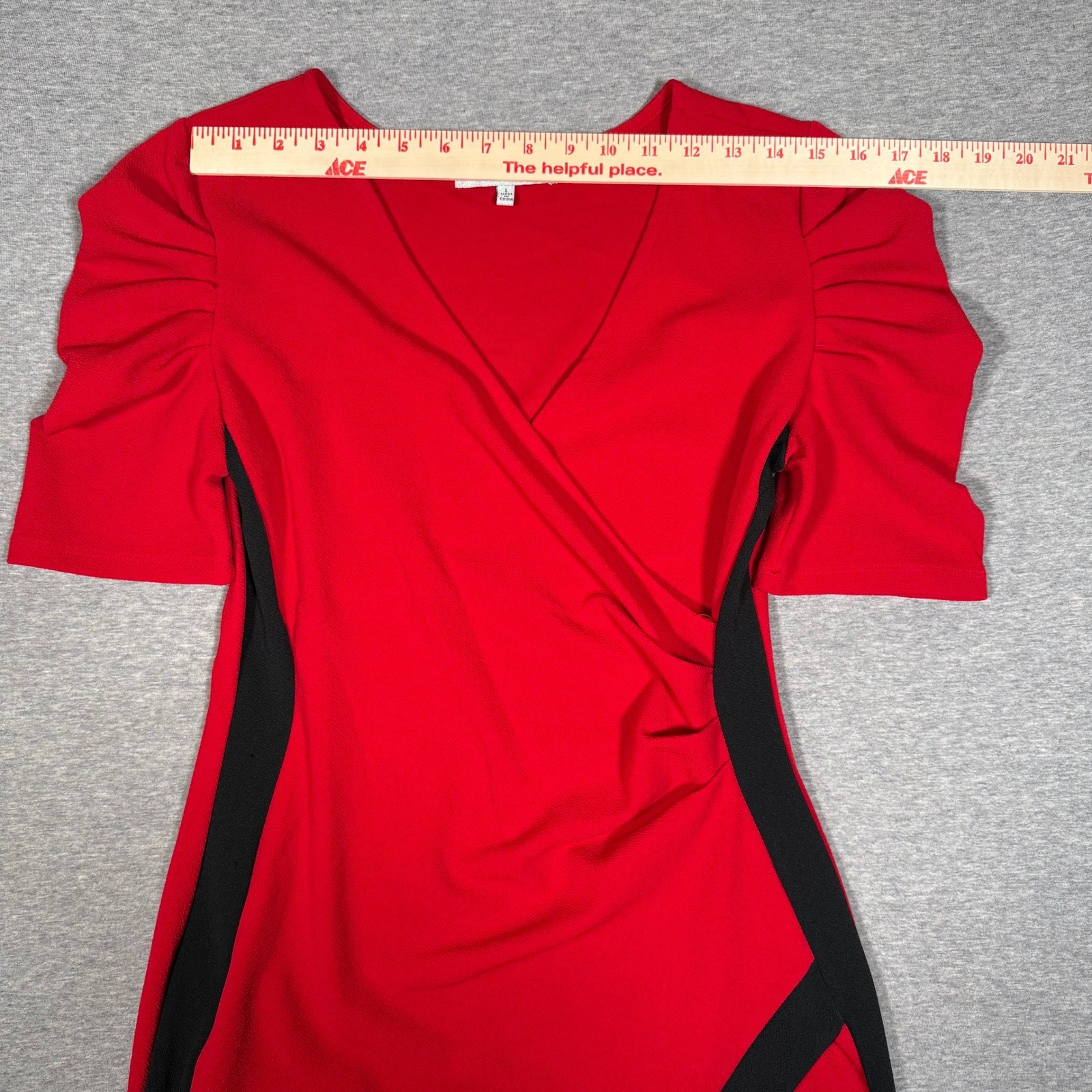 Almost Famous Red Black Colorblock Wrap Bodycon Dress Puff Sleeve Womens Large