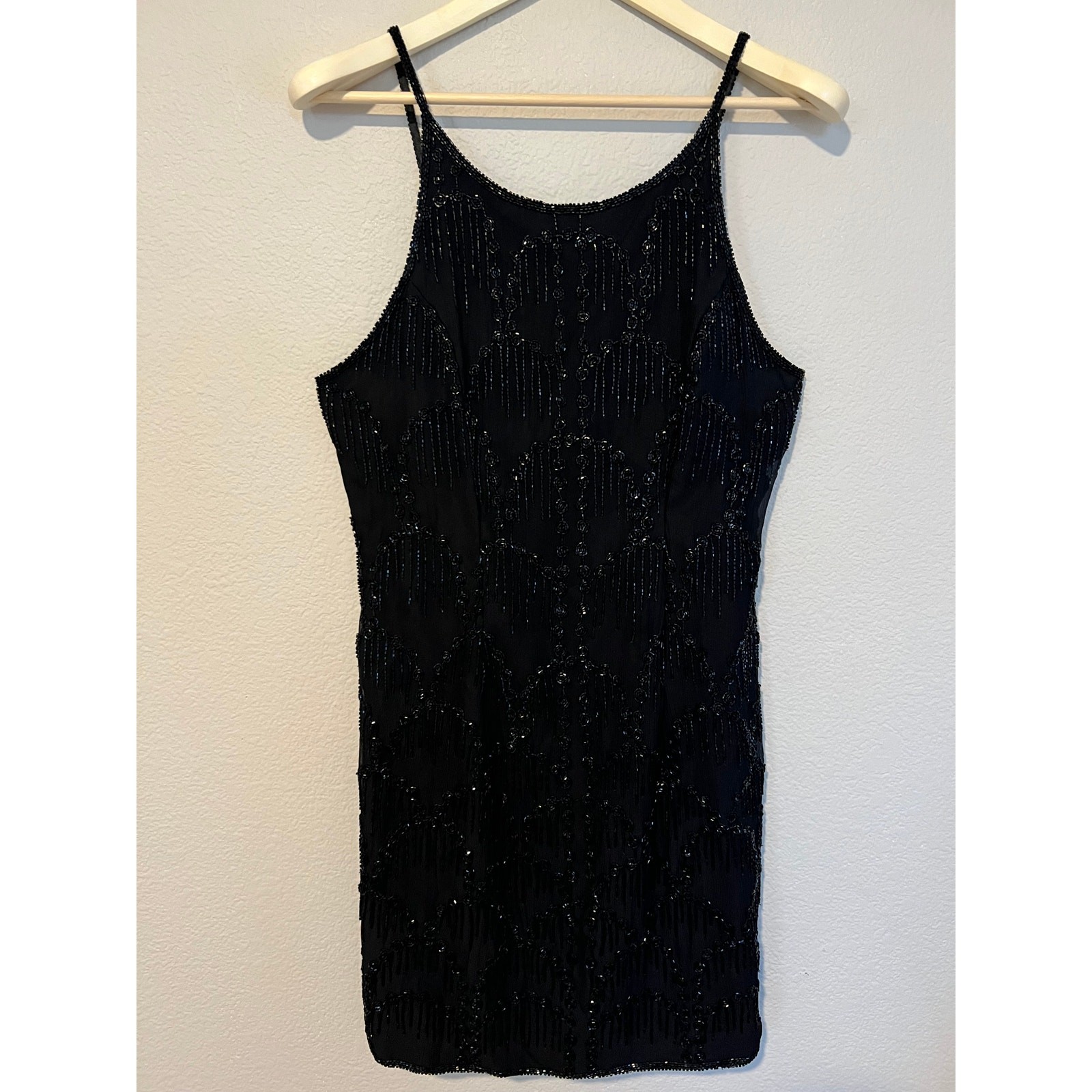 Scala Black Beaded Silk Dress Sz Med Y2K Vintage Cocktail