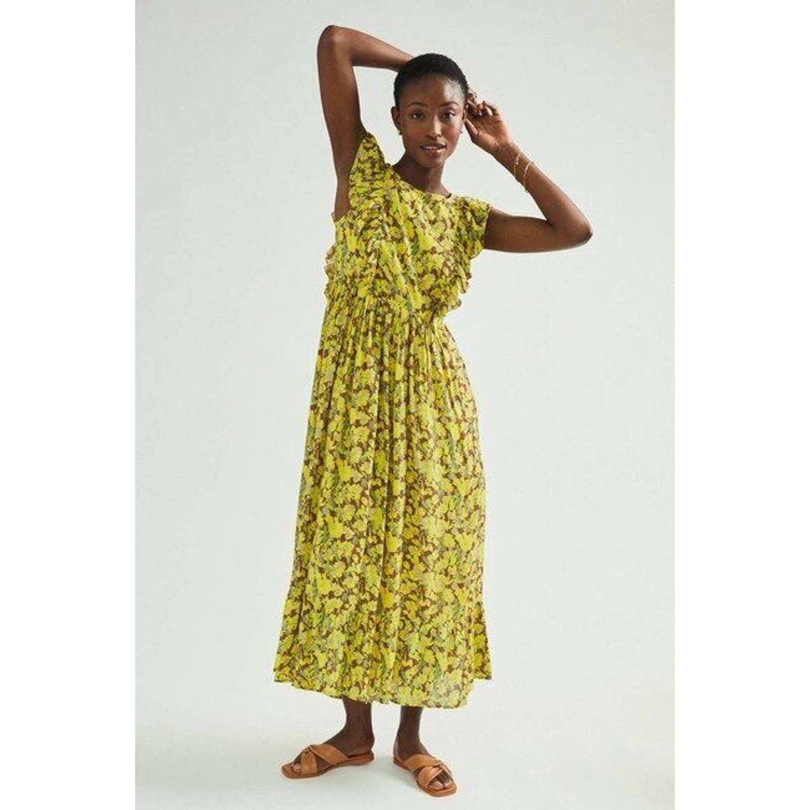 RANNA GILL Anthropologie Sz S Small Yellow Floral Ruffle Lenore Maxi Dress
