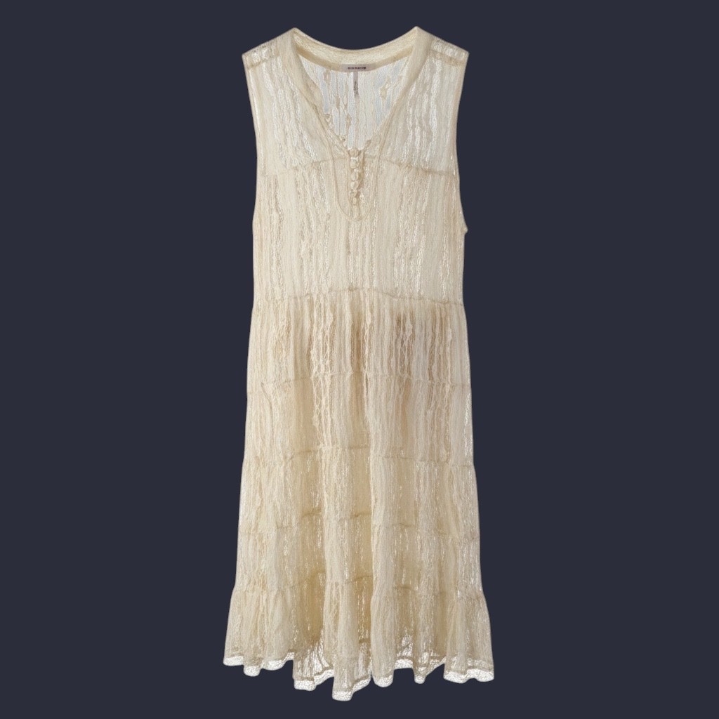 Free People Sheer Ivory Lace Sleeveless Tunic Dress V-Neck Drawstring Waist L