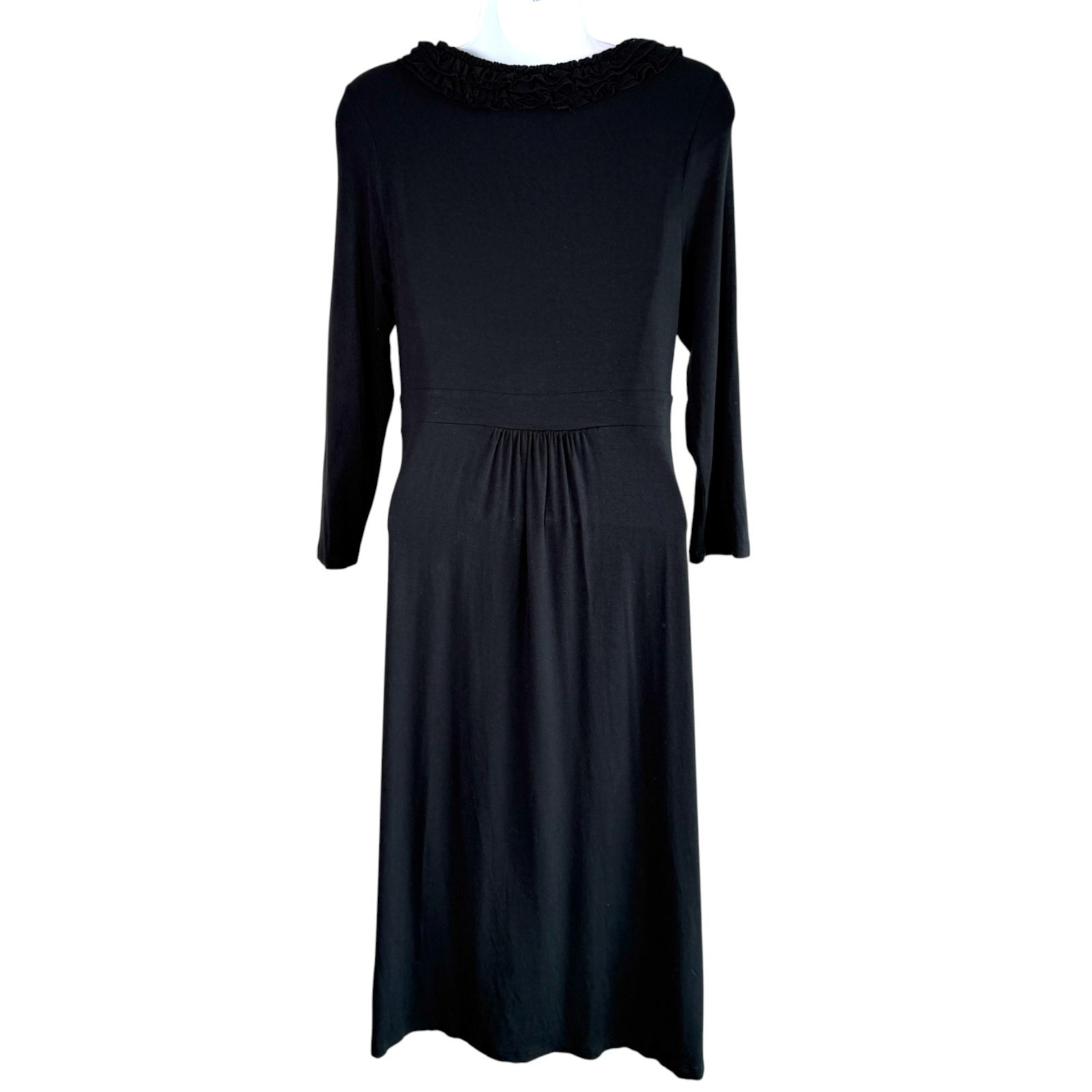 Boden Black Jersey Ruffle Neck Midi Dress Size 12 Versatile Minimalist Corporate