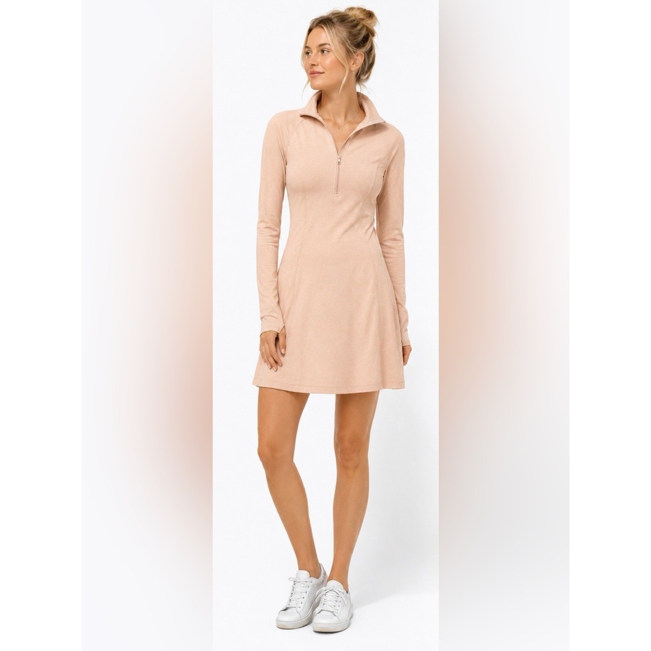Beyond Yoga Heather Rib Westside Quarter Zip Dress Peach Size M EUC