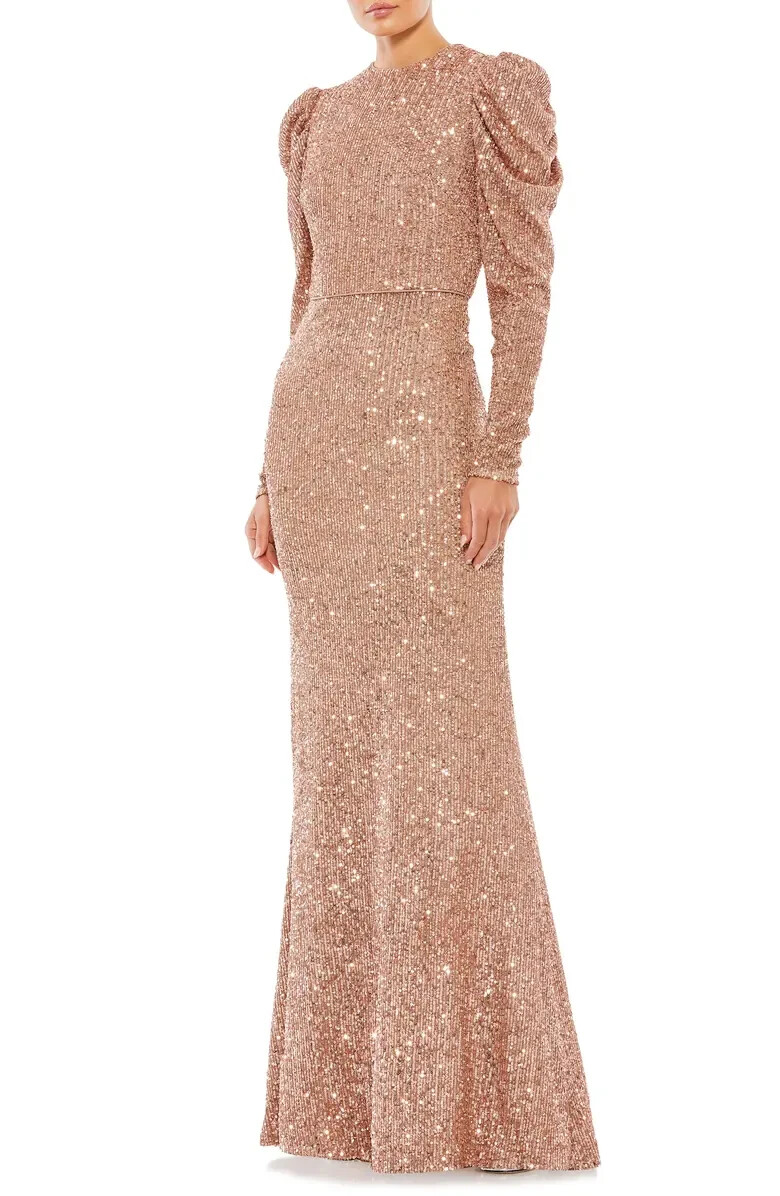 Mac Duggal Copper Sequin Juliet Sleeve Trumpet Gown Size 14 $398