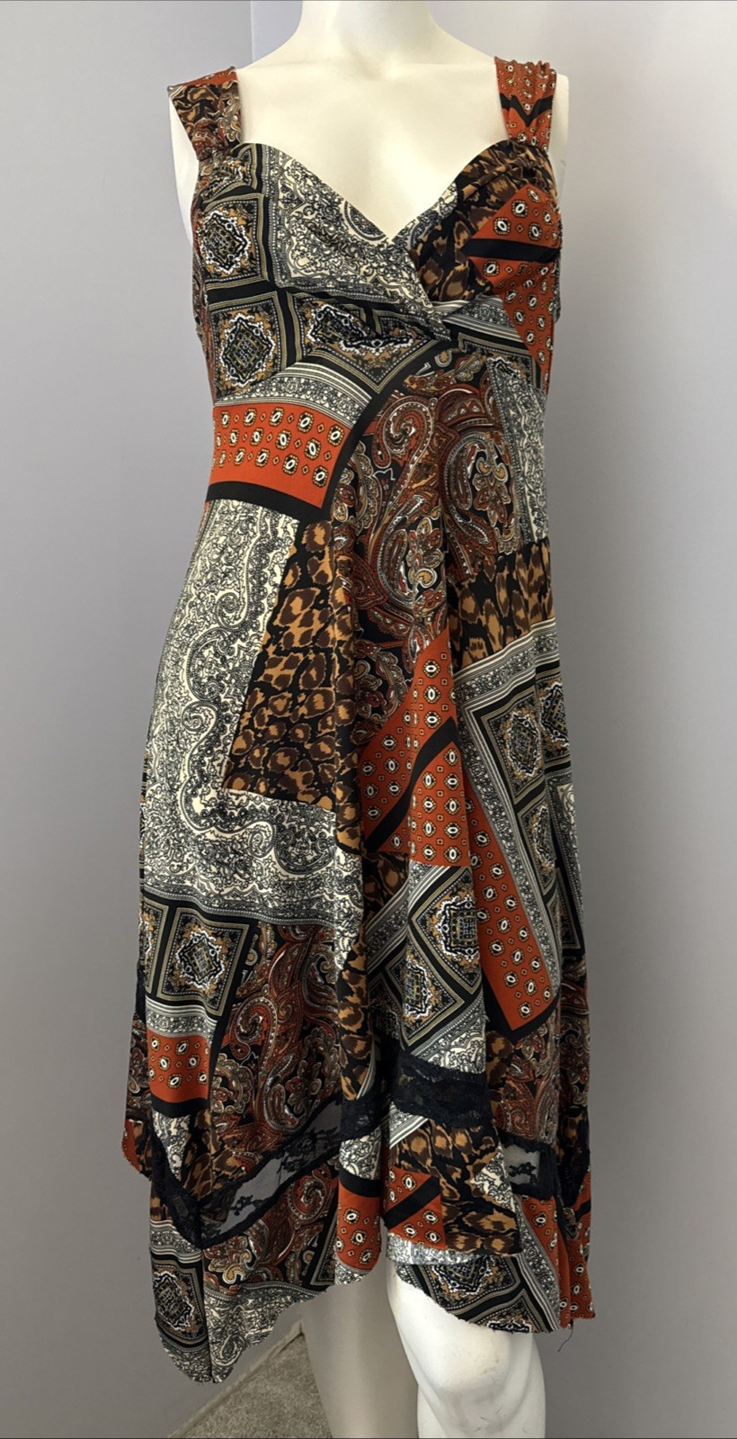 Papillon Los Angeles Boho Handkerchief Hem Dress Brown Orange Rayon Sz M