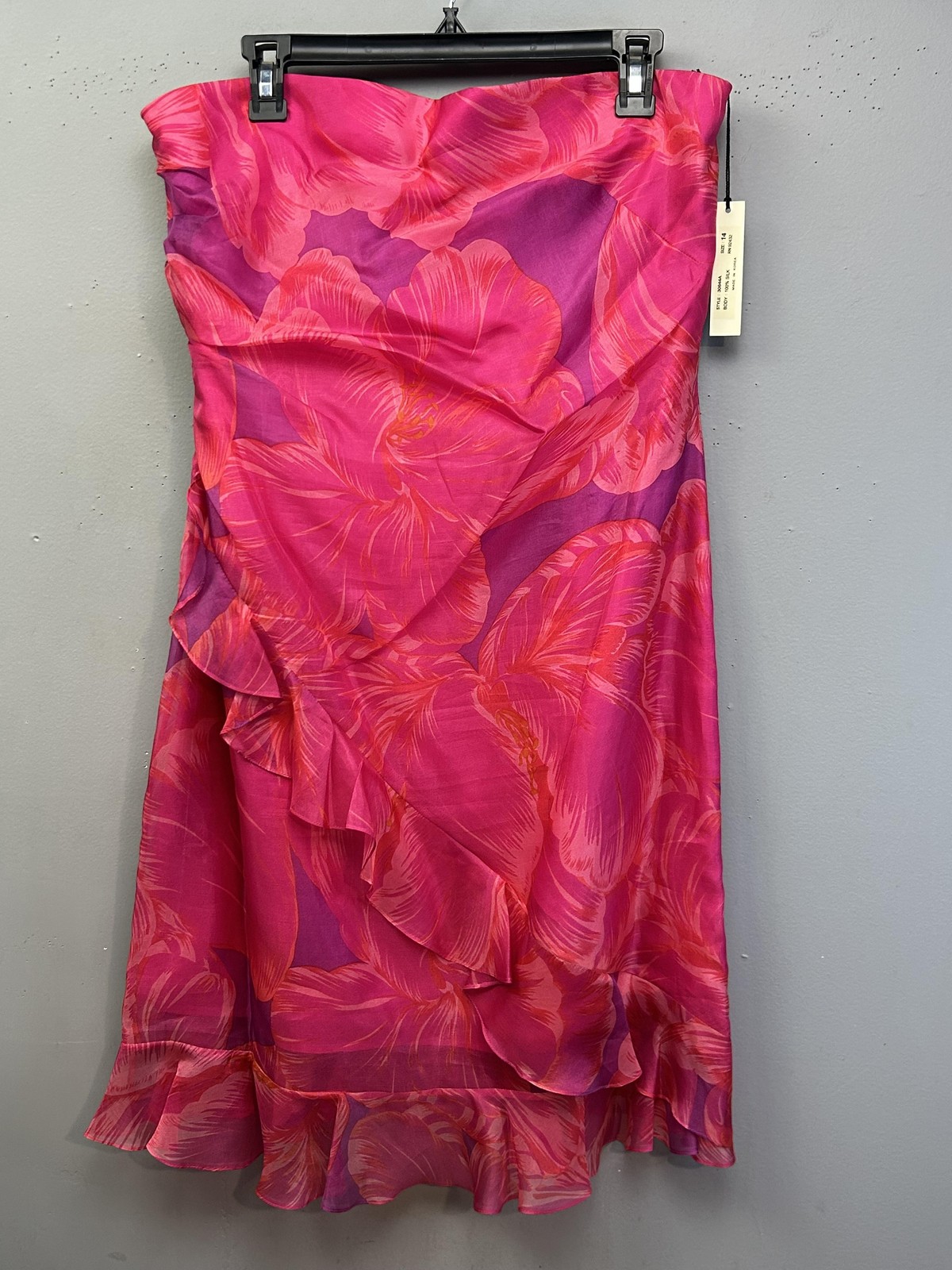 PHOEBE For KAY UNGER Dress Womens 14 Pink Silk Chiffon Sheath Ruffle Sleeveless