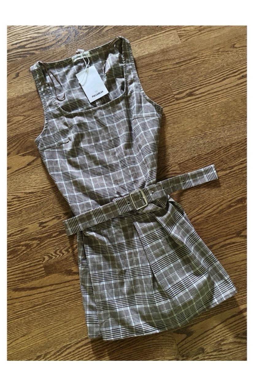Pull&Bear Plaid Pleated Belted Mini Dress Size Medium New!