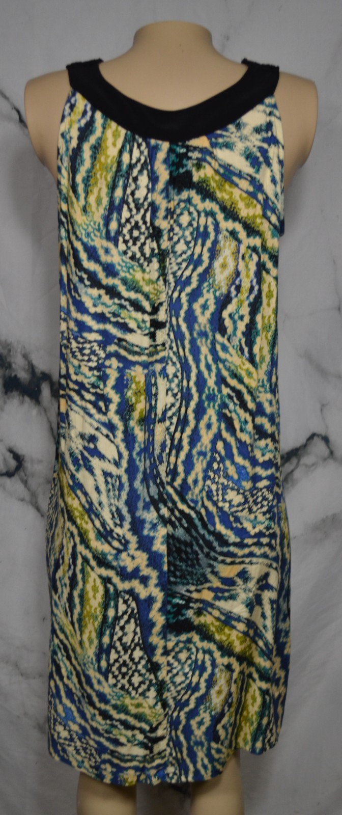 ELEMENTZ Blue Green Beige Patterned Sleeveless Dress Medium Woven Neckline