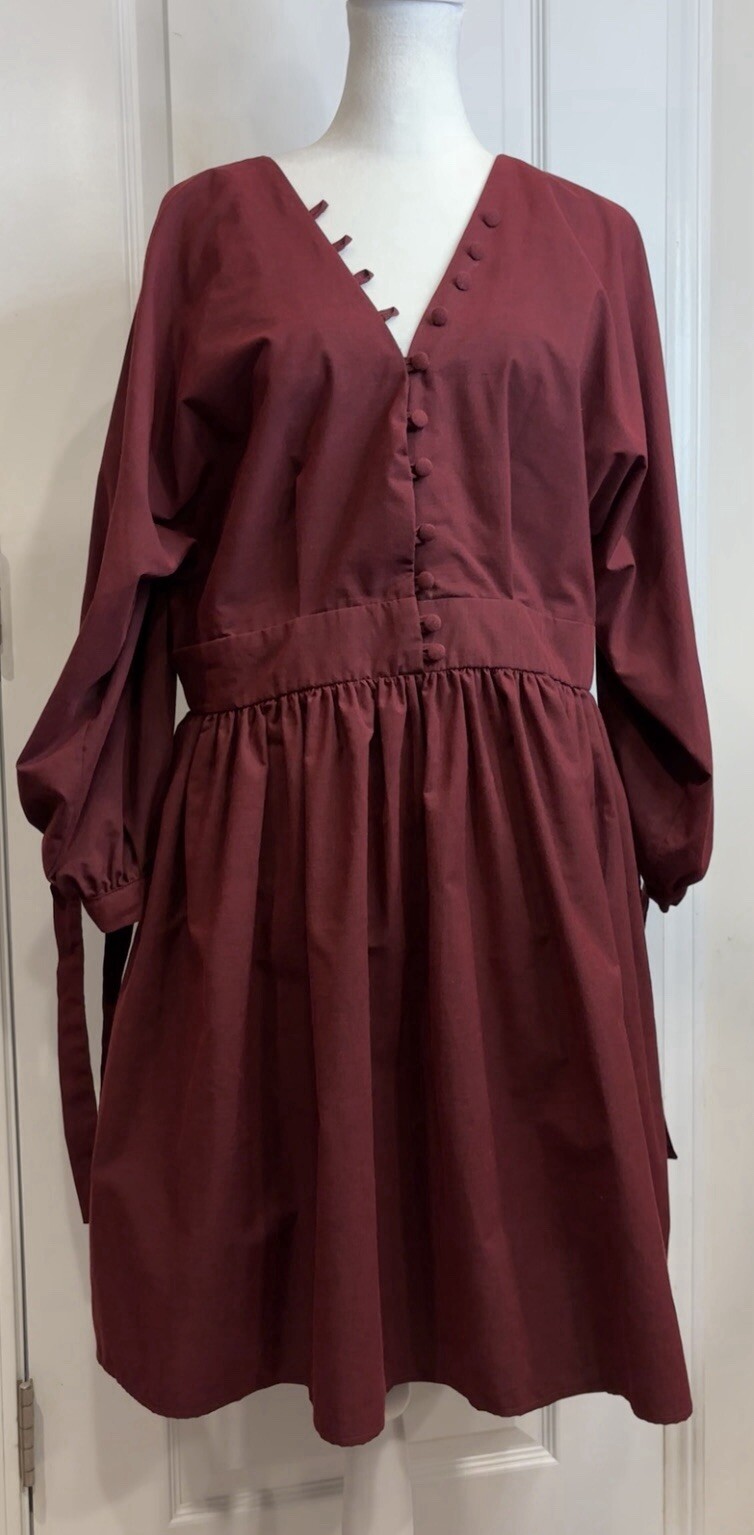 ASOS Button Front Dress US 10 Long Balloon Sleeve Tie Cuff Side Zip Burgundy