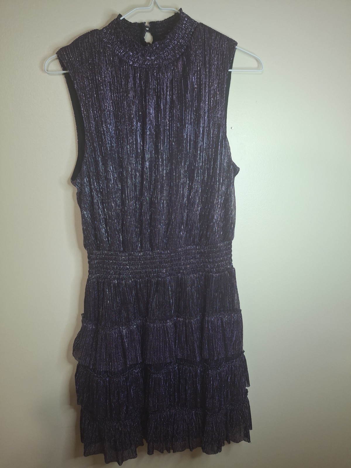 1.STATE Women’s Metallic Pleated Tiered Mini Dress Mock Neck Sleeveless M