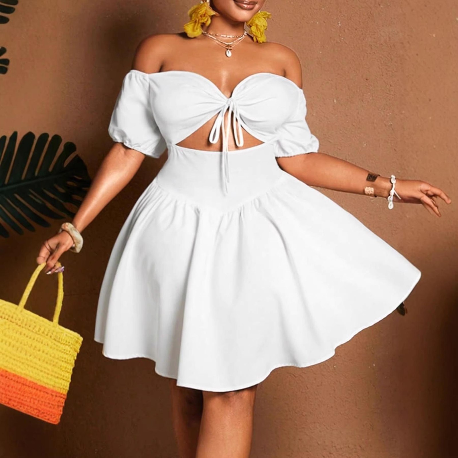 Womens Solid-color Plus-size Off-shoulder Midriff-baring Puff-sleeve Dress