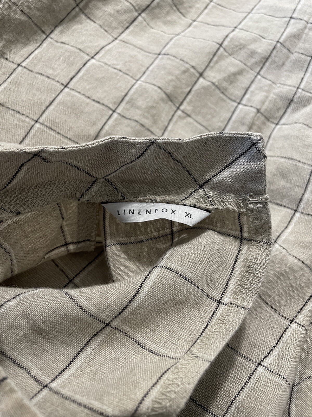 Linenfox Checkered Linen Shift Dress Short Sleeve Pockets Lagenlook Tan XL