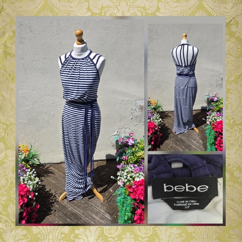 Bebe Size S 10 12 Navy Striped Strappy Summer Beach Holiday Long Maxi Zip Dress