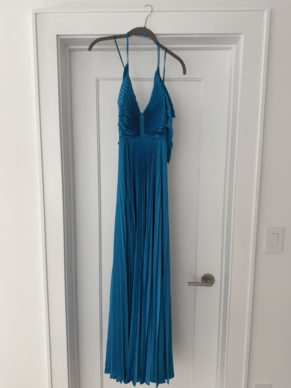 NWT A.L.C. Aries Open Tie Back Pleated Satin Dress in Teal Size 4