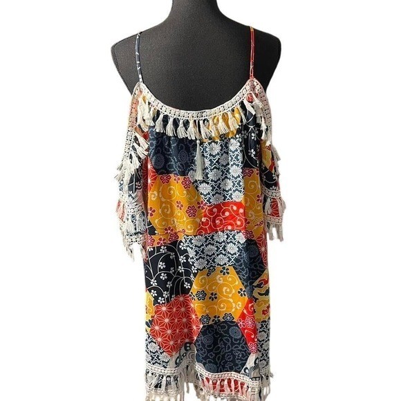Boho patchwork off shoulder dress with fringe hem. 2XL