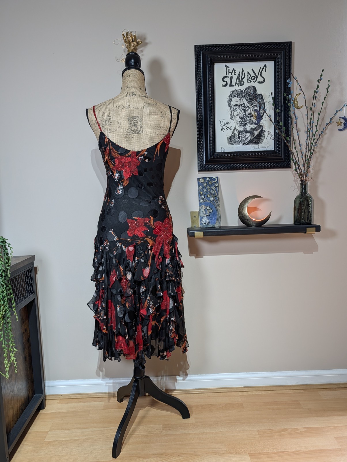 90s Y2K Yve 100% Silk Beaded Devore Slip Dress Size Medium Whimsigoth