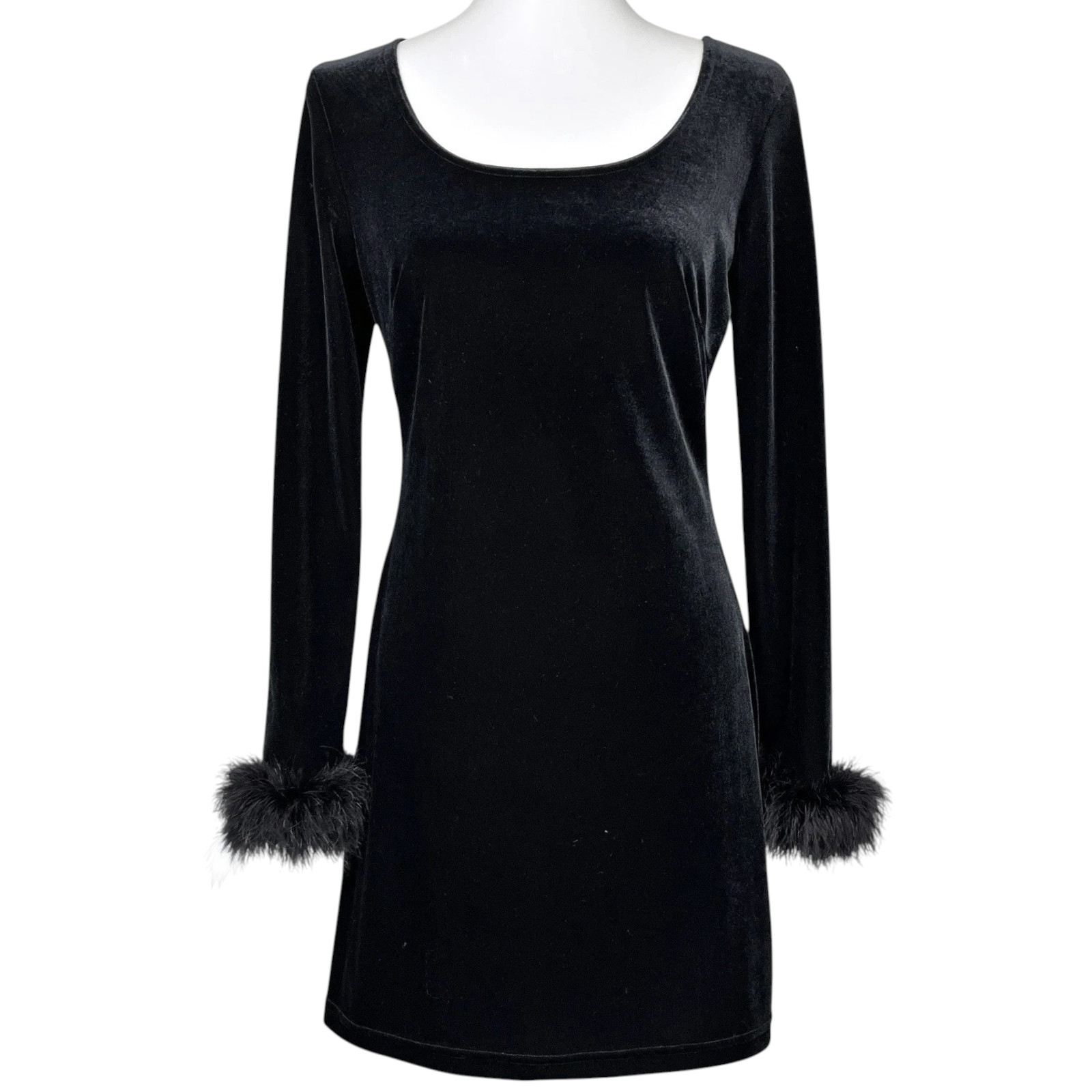 Vintage Velvet Dress Sz Medium Black Feather Trim Whimsigoth Witchy Y2K 90s Mini