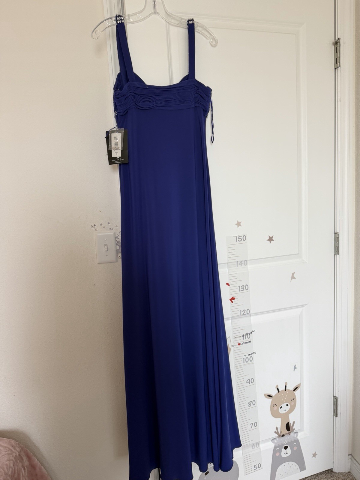 JS Boutique 10 Blue Rhinestone Beaded Pleated V-Neck Strappy Maxi Dress