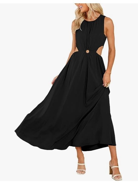 Deep Self Maxi Dress NWT Black Crewneck O Ring Cutout Sundress Womens Size L
