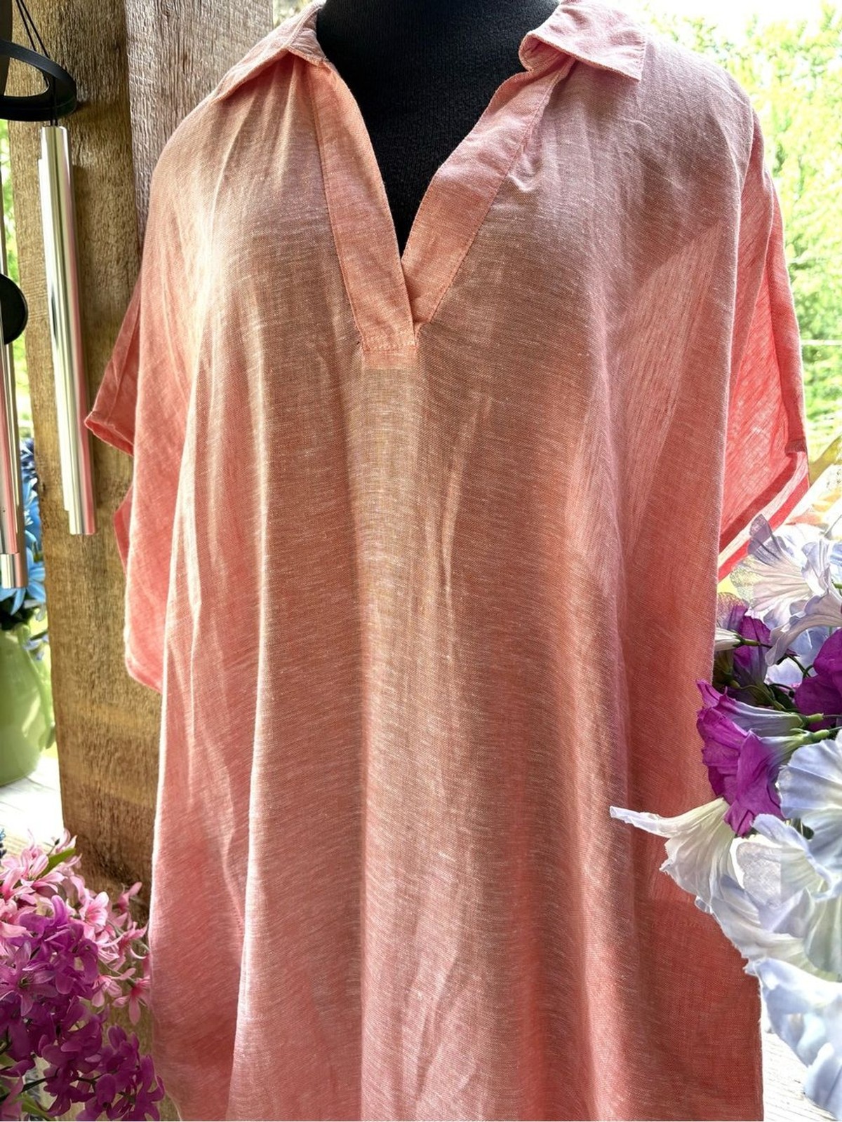 Tahari Peachy Orange Caftan Style Short Wide Sleeve Linen Maxi Dress or Cover