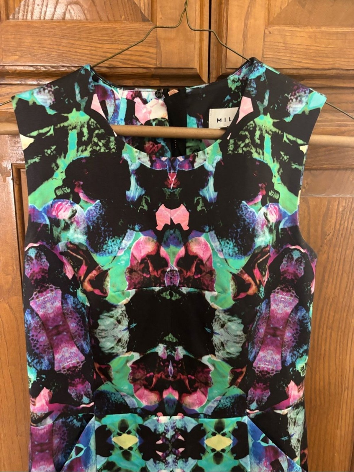 Milly Sleeveless Abstract Floral Mini Dress in Green, Purple, Pink and Black