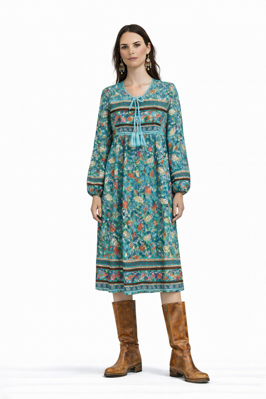 Dress L Midi Retro 70s Style Floral Print Boho Cottagecore Peasant Indian Tassel