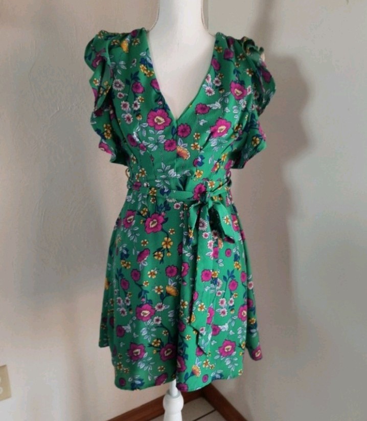 FAVLUX Fashion Green Floral Wrap Mini Dress V-Neck Open Back Ruffle M