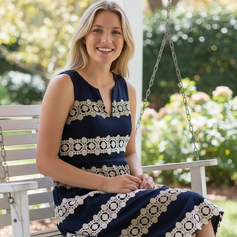 Lilly Pulitzer Navy Blue Gold White Lace Applique Cotton Shift Dress Size 6