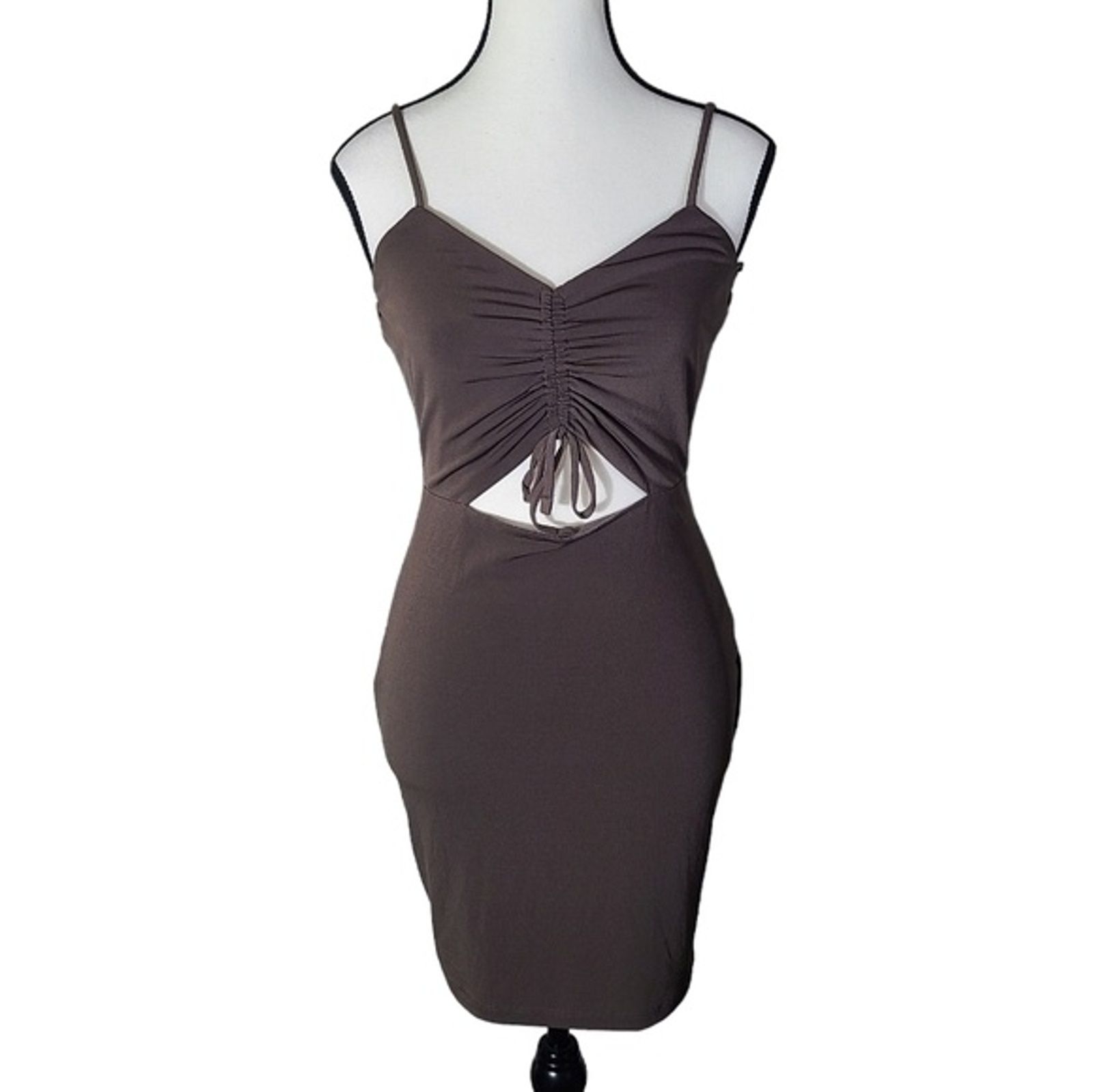 Lovesome brown ruched bodycon mini dress open midriff tie detail size Medium