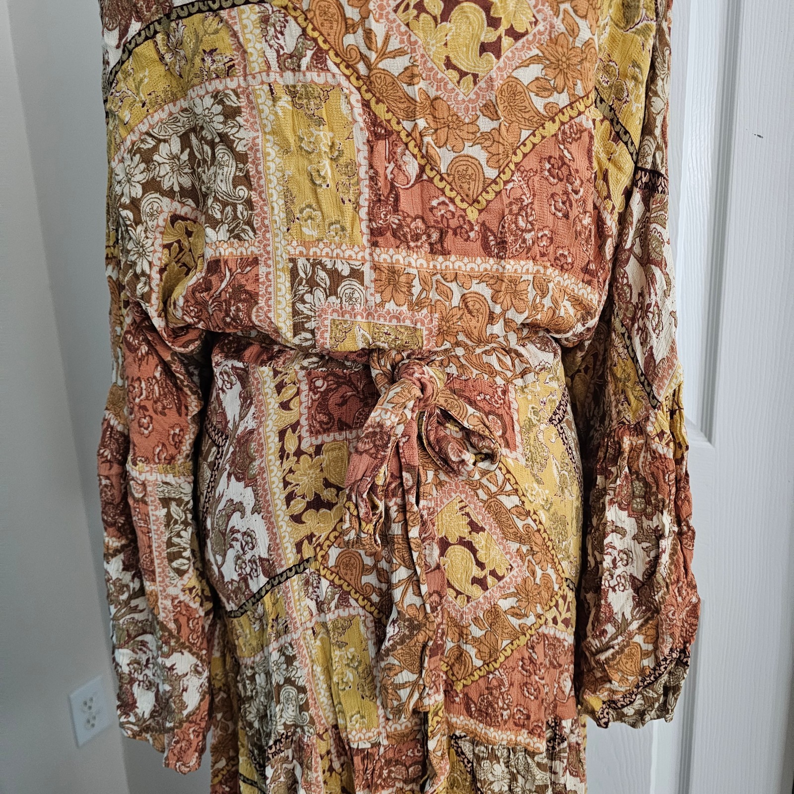 Rip Curl Boho Patchwork Bell Sleeve Tie Waist Flowy Festival Dress Large