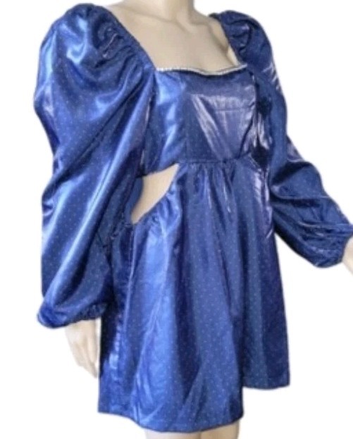 Danielle Bernstein Party Mini Dress Women’s Size 10 Shiny Puff Sleeve Navy