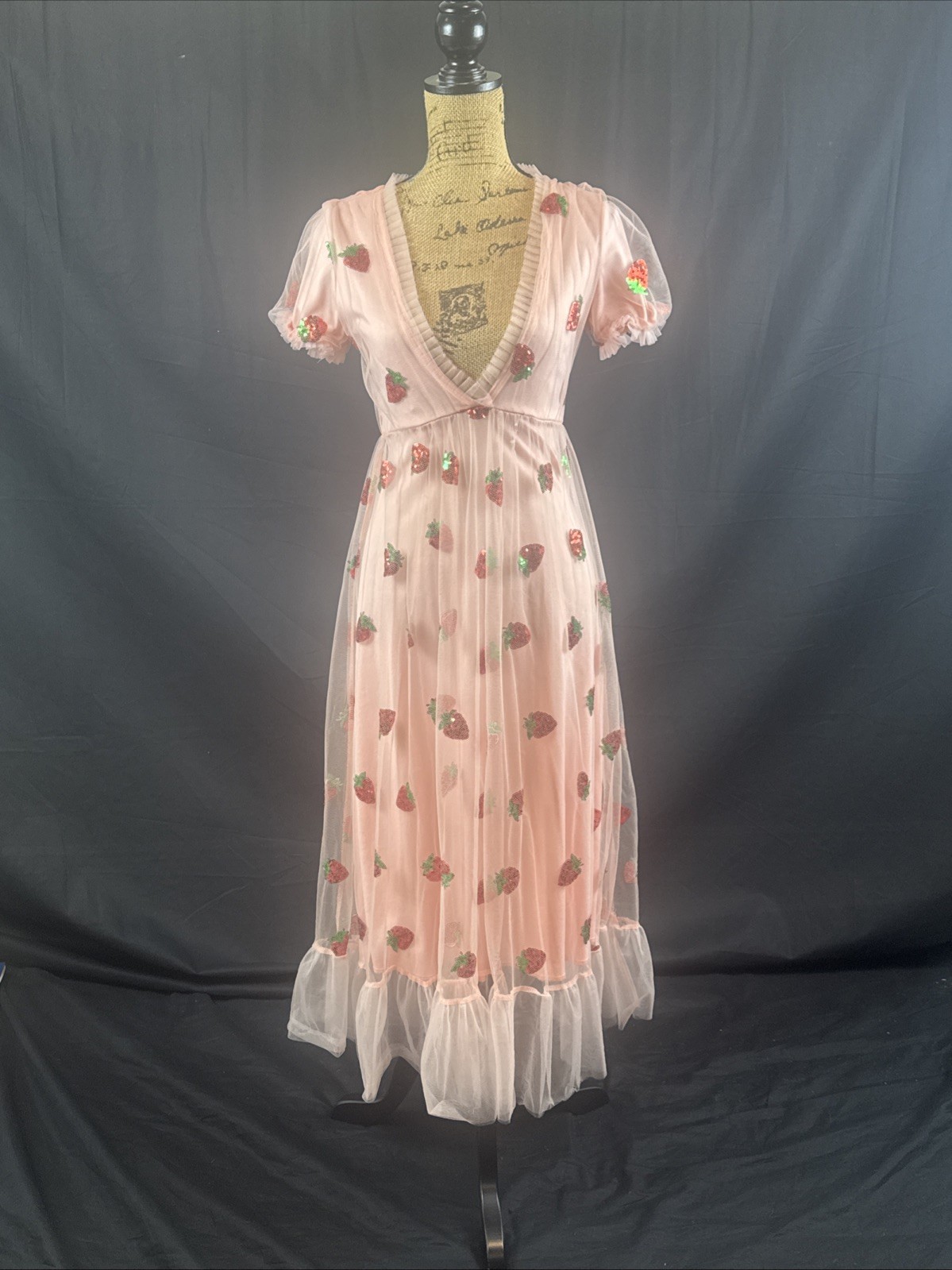 Womens Pink Tulle Strawberry Dress Size Small Short Sleeve Summer Dress