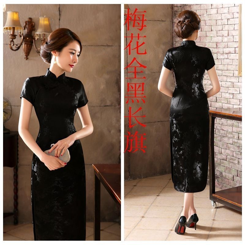 Traditional East Women’s Silk Satin Long Dress Cheongsam Qipao SZ S-6XL Blacks