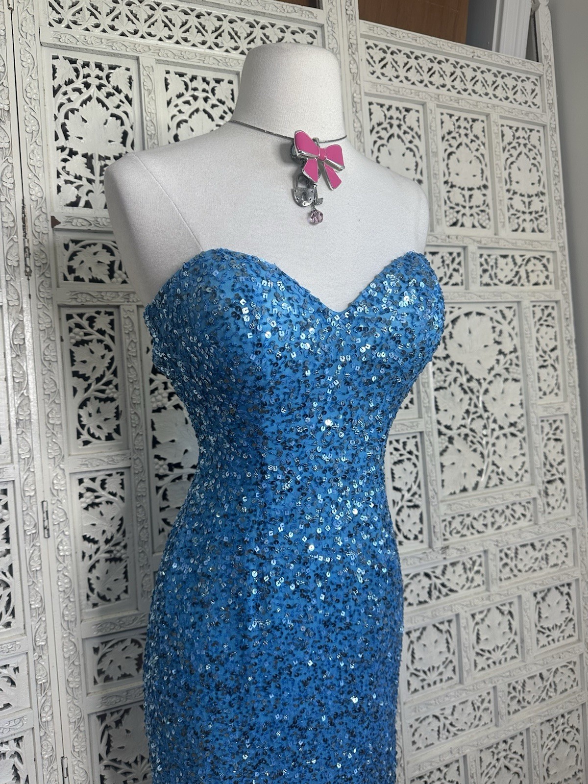 Scala 100% Silk Blue Full Sequin Strapless Cocktail Mini Dress Sz 0