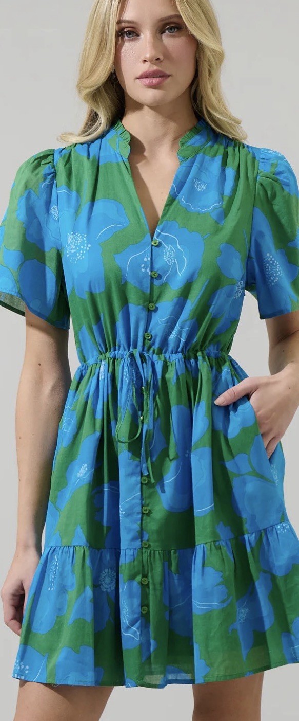SUGARLIPS Green Floral Tiered Ruffle Neck Rori Mini Dress Puff Sleeve Women’s M
