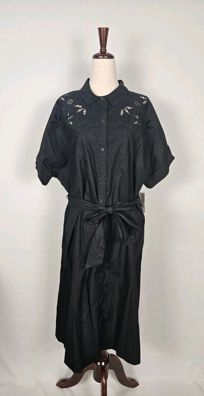 Ophelia Roe Black Belted Embroidered Button Up Shirt Dress Women’s XL