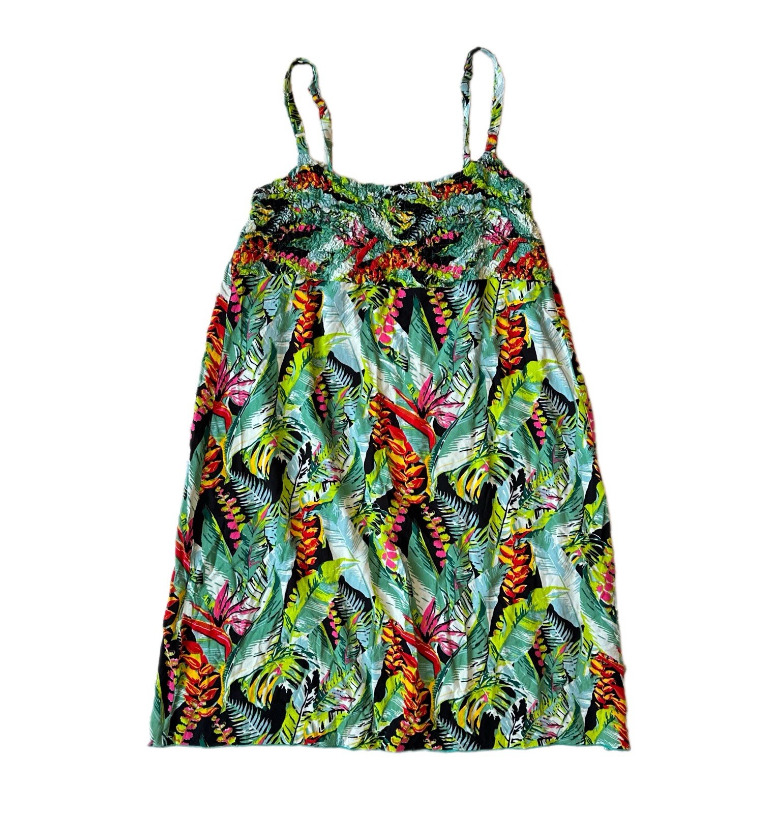 Island Planet Miami Beach Tropical Floral Colorful Mini Babydoll Dress Rayon M
