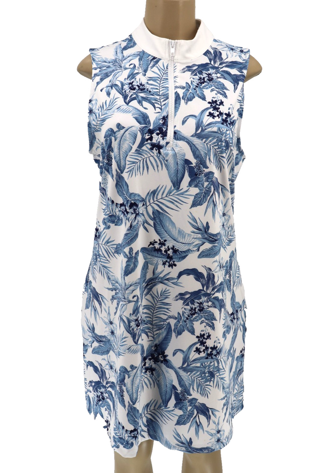 Tommy Bahama Golf Tennis Dress Size Large Blue Floral 1/4 Zip Pockets Mock Neck