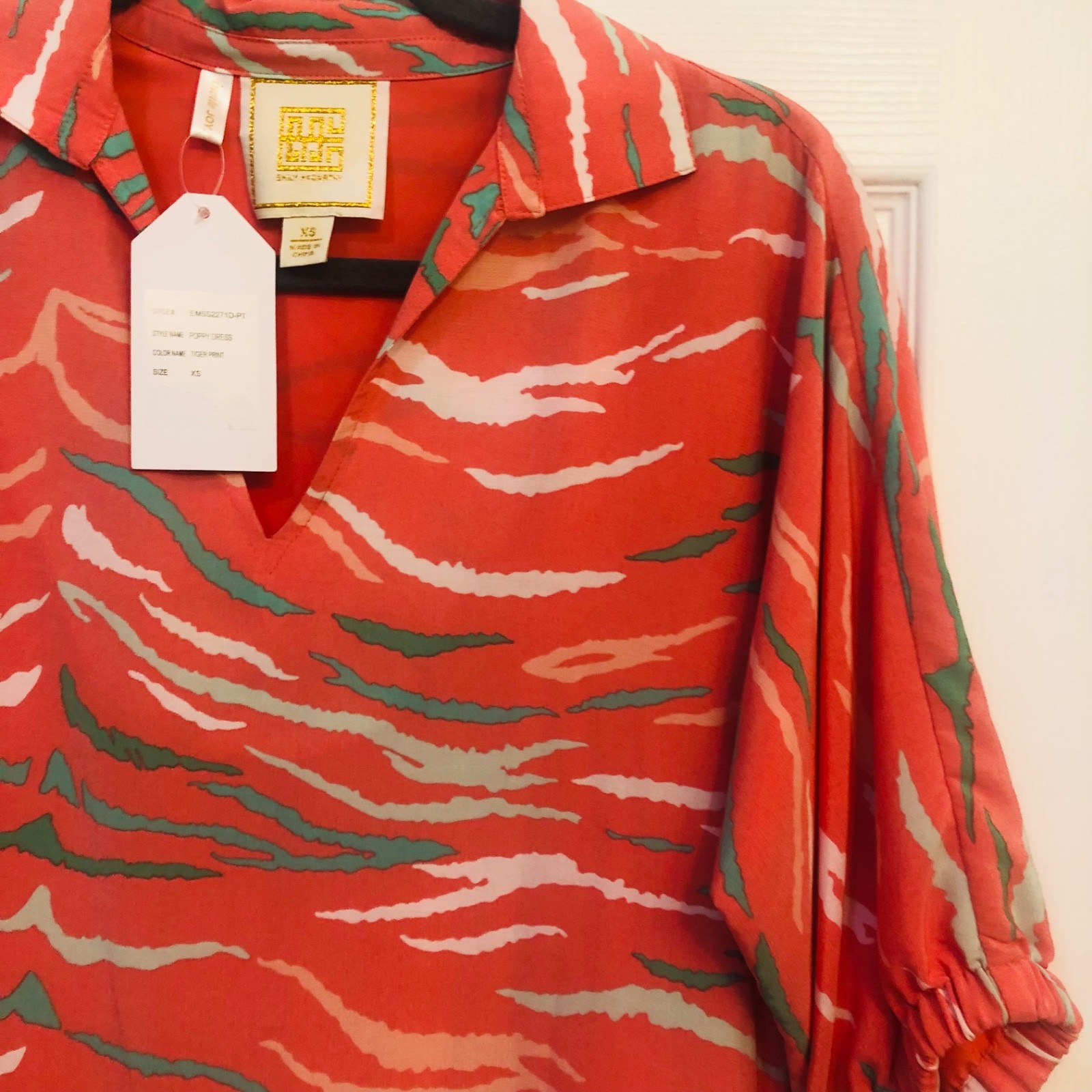 Emily McCarthy Tiger Print Poppy Dress Coral Pink Puff Sleeve Resort Mini Dress