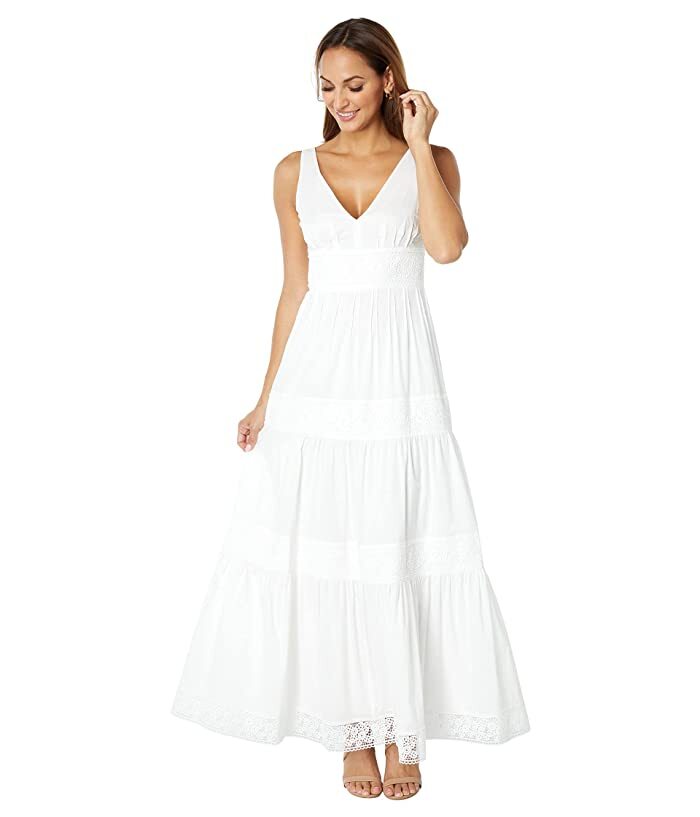 ONE33 297368 Social Cotton Eyelet V-Neck Maxi Dress, White, Size 4