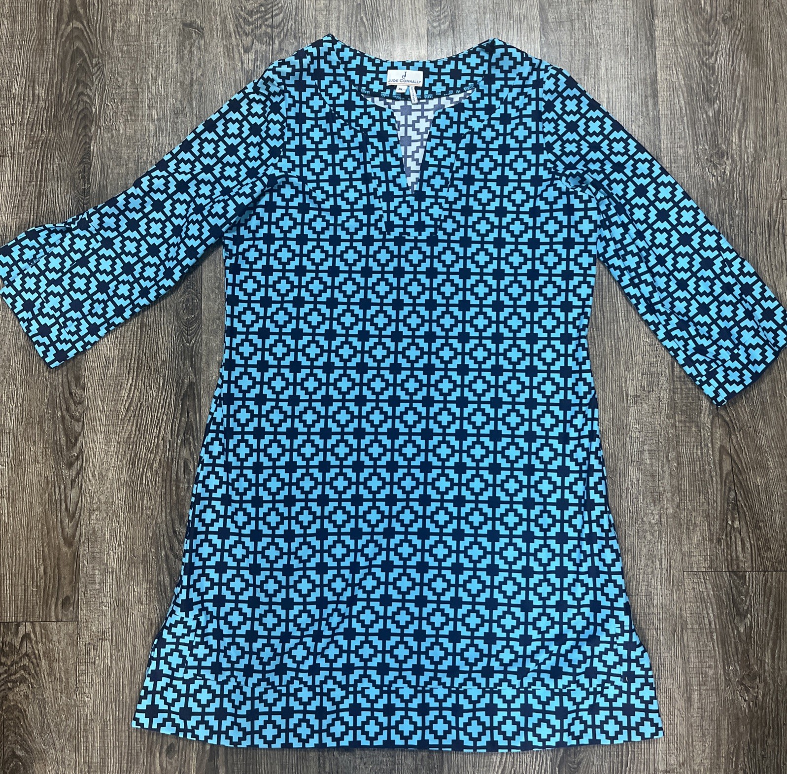 Jude Connally Dress Women’s Size-XL Blue Two Toned Geometric 3/4 Sleeve Stretchy