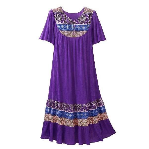 VTG National Women Small Purple Gauze Boho Flowy Maxi Pockets Muumuu Geometric