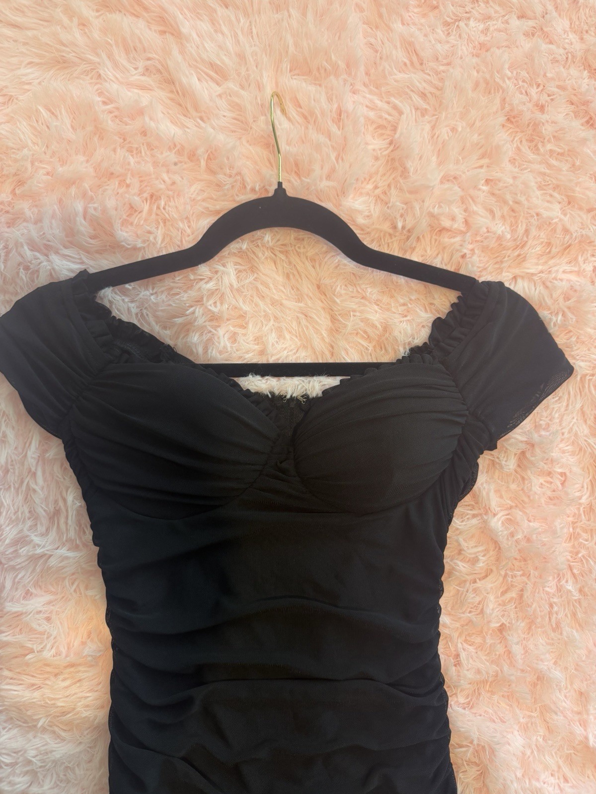 Windsor Black Ruched Mesh Off Shoulder Bodycon Mini Dress Sweetheart Size S