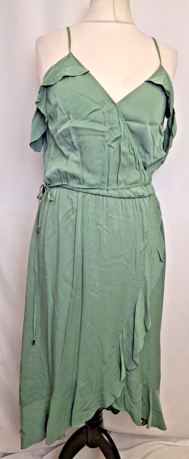 OASIS green wrap dress Midi Ruffle Cold Shoulder UK14 Strappy Tie Belt E5362