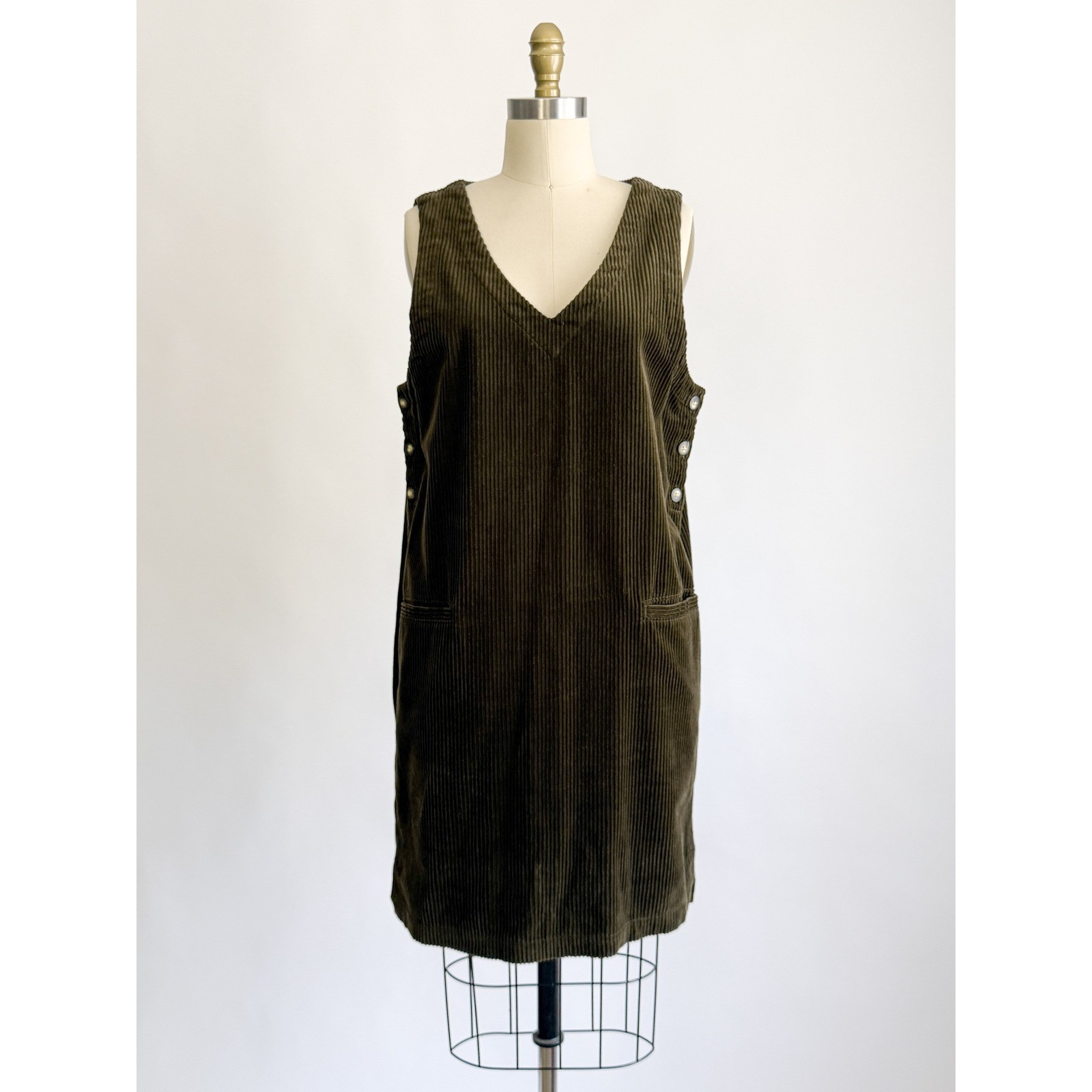Vintage Eddie Bauer Corduroy Jumper Dress Small Olive Green V-Neck Side Button